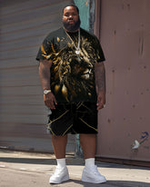 Men's Plus Size Street Casual Golden Painting Lion Print T-Shirt Shorts Suit